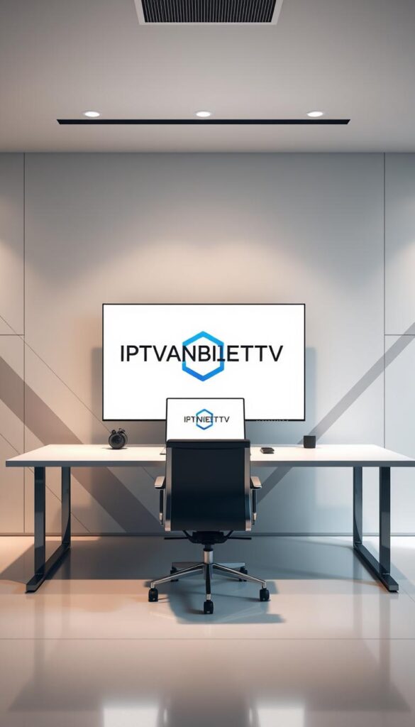 A sleek, minimalist office workspace with a large, modern desk and ergonomic chair. On the desk, a high-end laptop and a clean, professional-looking monitor displays the IPTVANBIETERTV logo in a bold, modern typeface. The lighting is soft and diffused, creating a warm, inviting atmosphere. The background features clean, geometric shapes and patterns in muted tones, providing a stylish, sophisticated backdrop. The overall scene conveys a sense of efficiency, professionalism, and attention to detail, perfectly capturing the essence of a leading IPTV provider.