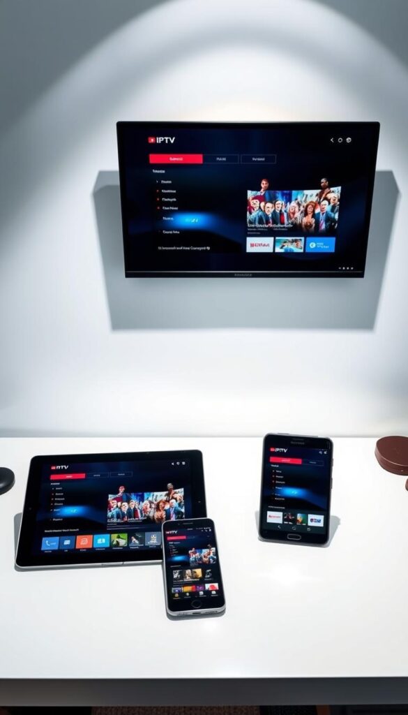 A sleek, minimalist office workspace with multiple digital devices showcasing the IPTVANBIETERTV platform. On a clean, well-lit desk, a laptop, tablet, and smartphone display various IPTV streaming interfaces, highlighting the seamless cross-device experience. Soft, indirect lighting creates a professional, modern atmosphere, while the devices' screens emit a subtle glow, drawing the viewer's attention to the intuitive IPTV user interfaces. The arrangement conveys the versatility and accessibility of IPTVANBIETERTV, allowing users to enjoy their favorite content on the device of their choice.