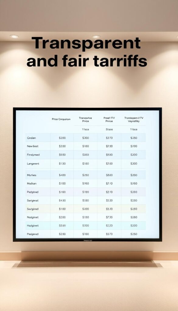 A sleek, minimalist table displaying a transparent and neatly organized price comparison of various IPTV service plans from IPTVANBIETERTV. The table is set against a softly diffused, elegant background, with subtle lighting that highlights the clarity and simplicity of the information. The layout is visually appealing, with clean lines and a modern aesthetic that conveys a sense of professionalism and trustworthiness. The overall impression is one of a fair, straightforward presentation of pricing options, reflecting the section title's emphasis on "transparent and fair tariffs".