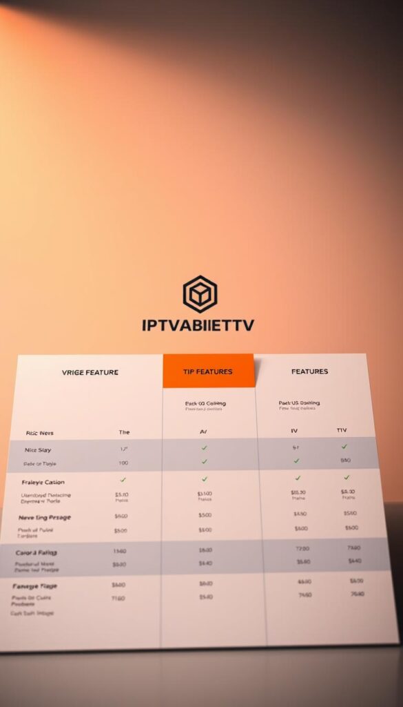 A sleek, minimalist table displaying the IPTVANBIETERTV pricing structure, illuminated by warm, focused lighting that highlights the clean lines and bold typography. In the foreground, a grid of pricing tiers and feature breakdowns, with subtle gradient backgrounds adding depth and visual interest. The middle ground features a central IPTVANBIETERTV logo, rendered in a modern, geometric style that complements the overall aesthetic. The background is a softly blurred, neutral palette, allowing the pricing information to take center stage. The overall composition conveys a sense of professionalism, clarity, and attention to detail, perfectly suited to illustrate the section on IPTVANBIETERTV's pricing structure.