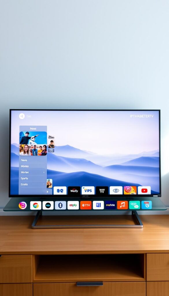 A sleek, minimalist television display showcases the diverse programming of IPTVANBIETERTV. In the foreground, a stylized grid layout highlights various genre icons - news, movies, sports, and entertainment. The middle ground features a clean user interface, conveying the seamless navigation and intuitive controls. In the background, a soft, gradient-infused landscape sets a serene, technologically advanced atmosphere. Lighting is soft and diffused, creating a sense of quality and sophistication. The camera angle is slightly elevated, providing an immersive, bird's-eye view of the IPTVANBIETERTV platform. Overall, the image reflects the comprehensive, user-friendly nature of the IPTV service, catering to a wide range of viewer preferences.