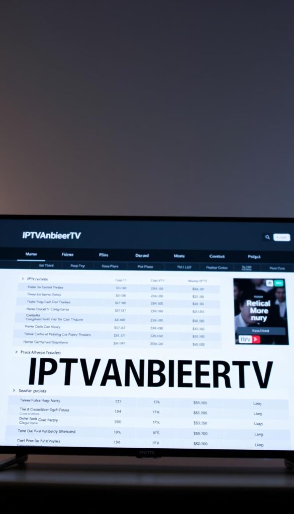 A sleek, minimalist website interface displaying a comprehensive comparison of leading IPTV service providers. The foreground features the bold brand name "IPTVANBIETERTV" prominently displayed, conveying a sense of authority and expertise. The middle ground showcases a clean table layout with detailed information on various IPTV plans, pricing, and features, presented in a visually appealing and easy-to-navigate manner. The background features a subtle, blurred landscape or cityscape, creating a professional and sophisticated atmosphere. The lighting is soft and diffused, lending a sense of clarity and refinement to the overall composition. The camera angle is slightly elevated, giving the viewer a sense of overview and control, reflecting the informative and analytical nature of the content.