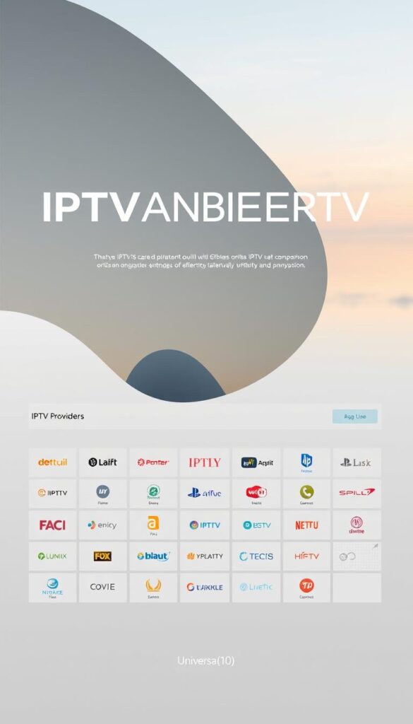 A sleek, minimalist website interface showcasing a comparison of IPTV providers, with the brand name "IPTVANBIETERTV" prominently displayed. The layout features clean lines, muted tones, and a modern aesthetic. In the foreground, a grid of provider logos and key information is presented, inviting the viewer to explore and compare services. The middle ground features abstract shapes and gradients, creating a sense of depth and visual interest. The background is a softly blurred landscape, hinting at the global reach and accessibility of these IPTV offerings. The overall mood is one of professionalism, clarity, and a user-centric approach to presenting this important comparison for the "Universal>10>" section.
