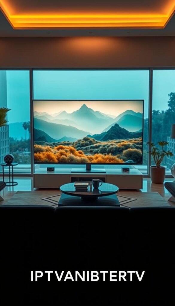 A sleek, modern 4K television set stands prominently in a stylish living room. Soft, warm lighting illuminates the screen, showcasing crystal-clear, hyper-realistic visuals of a nature documentary. The room is decorated in muted tones, with minimalist furniture and large windows that let in natural light, creating a serene and immersive atmosphere. In the foreground, the IPTVANBIETERTV logo is subtly displayed on the TV's frame, hinting at the premium 4K streaming experience it provides.