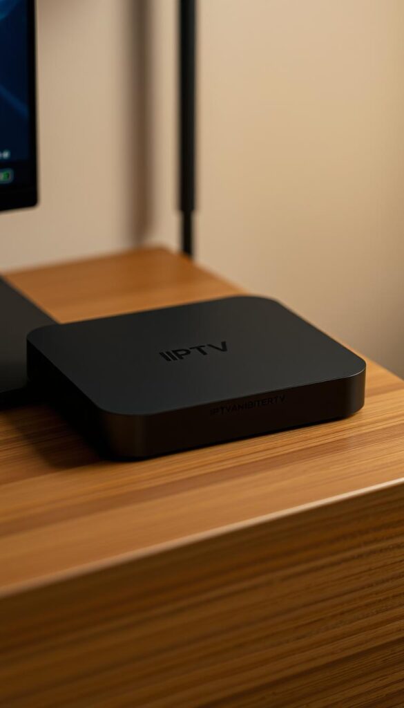 A sleek, modern Android TV box in a minimalist black or grey design, resting on a wooden or neutral-toned surface. The device features the brand name "IPTVANBIETERTV" prominently displayed on the front panel. Soft, indirect lighting creates a warm, inviting atmosphere, while the overall composition emphasizes the simplicity and functionality of the Android TV box. The scene captures the essence of a high-quality, user-friendly device that seamlessly integrates with a home entertainment setup.