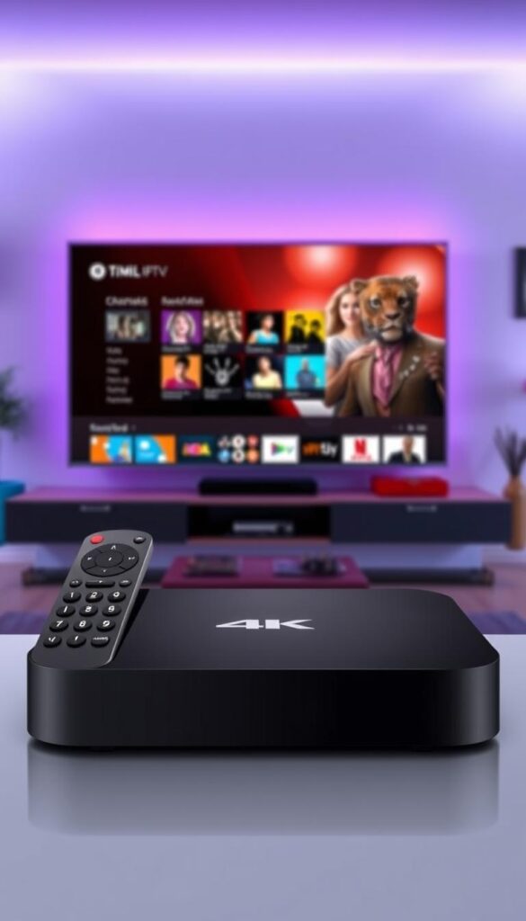 A sleek, modern Android TV box, the centerpiece of a vibrant living room setup. Smooth matte black chassis, crisp 4K display, and intuitive remote control. Powerful processor and ample storage seamlessly stream content from the IPTVANBIETERTV service, unlocking a vast library of live channels, on-demand shows, and international programming. Ambient lighting casts a warm, inviting glow, while a minimalist design blends harmoniously with the decor. This all-in-one entertainment solution, complete with a lifetime IPTV subscription, offers the ultimate in home theater convenience and boundless entertainment possibilities.