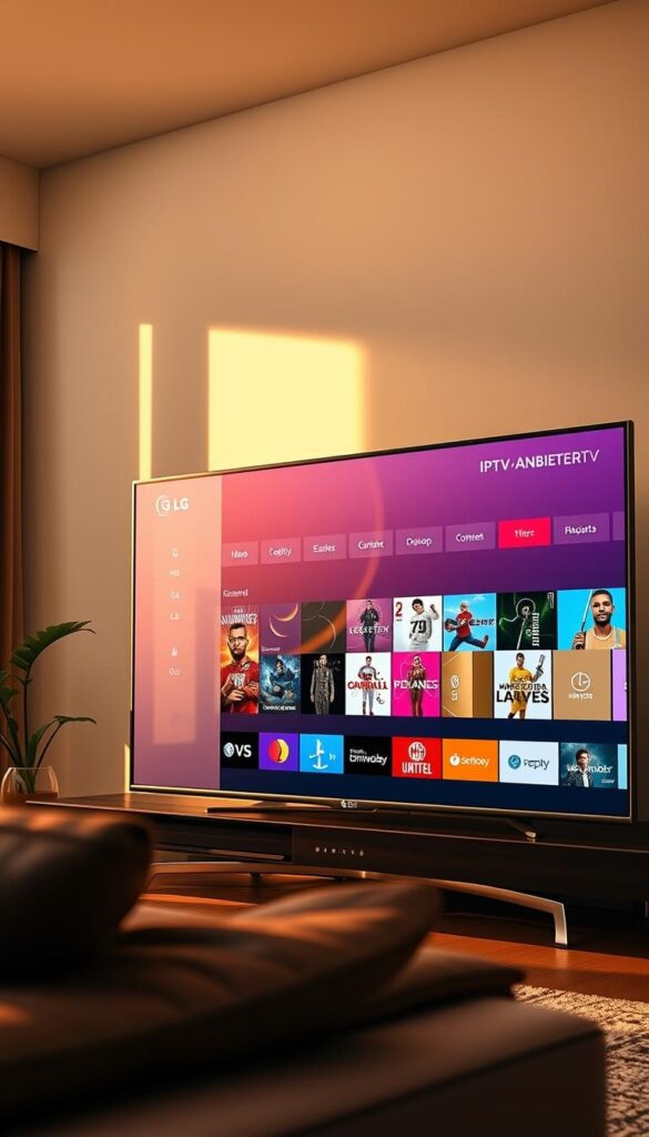 A sleek, modern Android TV interface showcasing the "IPTVANBIETERTV" app on an LG television. The app's intuitive menu and content selection are prominently displayed, highlighting its seamless integration with the LG platform. The scene is bathed in warm, natural lighting, creating a cozy, living room atmosphere. The television is positioned at an inviting angle, drawing the viewer's attention to the app's versatility and multi-device compatibility. The overall composition emphasizes the app's seamless integration with the LG ecosystem, catering to the diverse viewing needs of the user. A sleek, modern Android TV interface showcasing the "IPTVANBIETERTV" app on an LG television. The app's intuitive menu and content selection are prominently displayed, highlighting its seamless integration with the LG platform. The scene is bathed in warm, natural lighting, creating a cozy, living room atmosphere. The television is positioned at an inviting angle, drawing the viewer's attention to the app's versatility and multi-device compatibility. The overall composition emphasizes the app's seamless integration with the LG ecosystem, catering to the diverse viewing needs of the user.