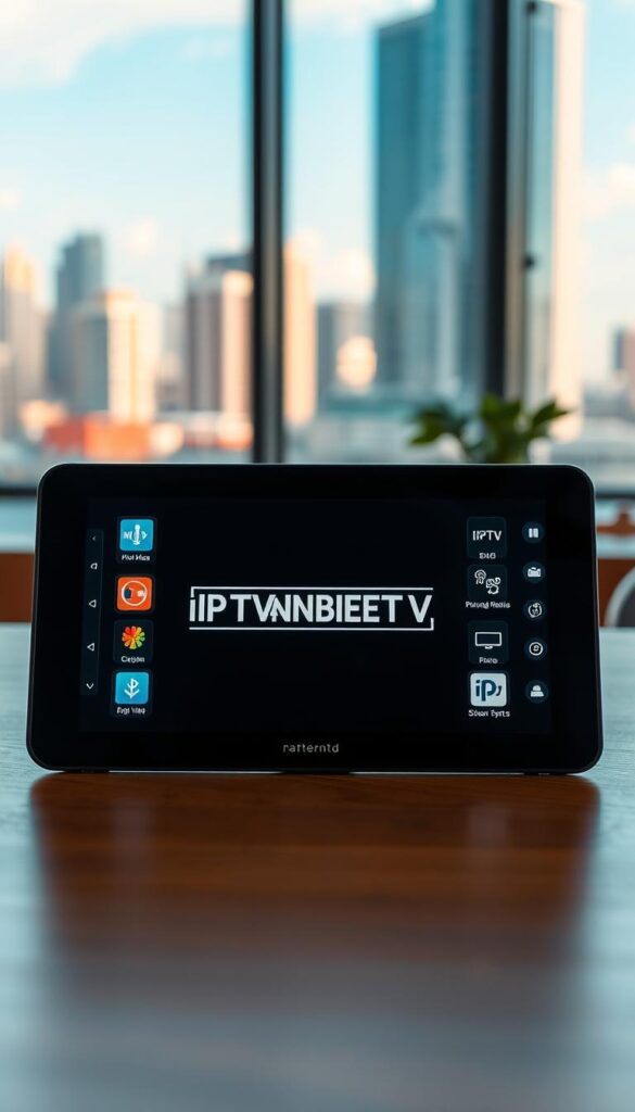 A sleek, modern Android device prominently displaying the IPTVANBIETERTV logo on its screen, surrounded by various IPTV-related icons and imagery. The device is placed on a minimalist, wooden table, with soft, warm lighting illuminating the scene. In the background, a blurred cityscape can be seen through a large window, conveying a sense of urban connectivity. The overall composition is clean, balanced, and visually appealing, reflecting the sophisticated and user-friendly nature of the IPTV player.