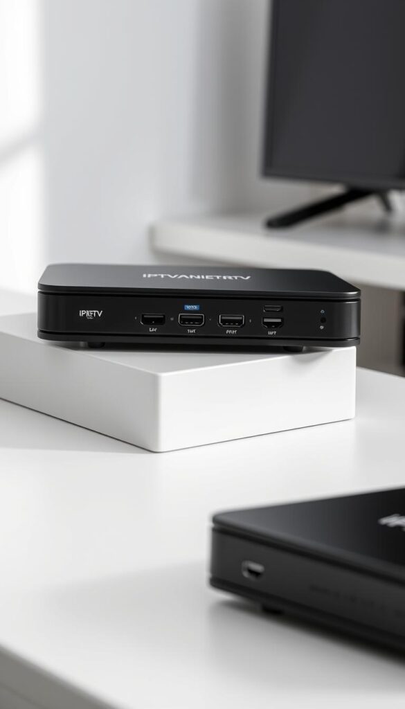 A sleek, modern Android-powered IPTV device sits on a minimalist, white surface. The device has a streamlined, rectangular design with clean lines and a matte black finish. Detailed close-up shots showcase the device's ports, buttons, and branding, including the "IPTVANBIETERTV" logo. The lighting is soft and diffused, creating a professional, high-quality product shot. The background is out of focus, allowing the device to be the central focus of the image. The overall mood is one of simplicity, sophistication, and technological prowess, reflecting the ideal IPTV platform for Android users.