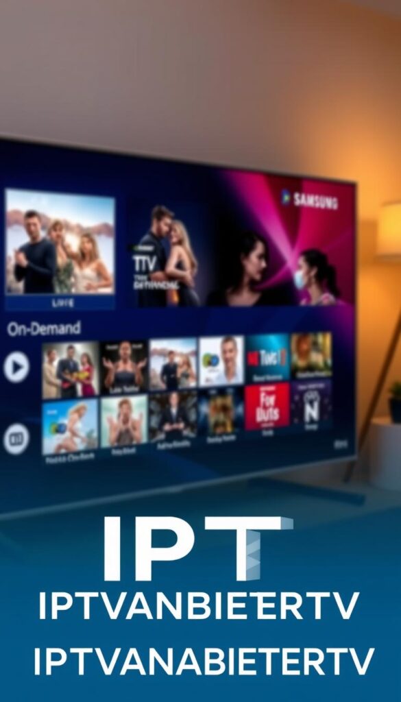 A sleek, modern IPTV app interface showcasing a variety of content on a high-definition Samsung television screen. The UI features a clean, minimalist design with intuitive navigation menus and crisp, vibrant visuals. In the foreground, the IPTVANBIETERTV logo is prominently displayed, conveying a sense of professionalism and reliability. The middle ground features a grid of various entertainment options, from live TV channels to on-demand movies and shows. The background subtly suggests a cozy, living room setting, with warm lighting and a subtle depth of field, creating an inviting and immersive atmosphere. The overall scene captures the essence of a user-friendly, feature-rich IPTV app that seamlessly integrates with a Samsung television for a premium viewing experience. A sleek, modern IPTV app interface showcasing a variety of content on a high-definition Samsung television screen. The UI features a clean, minimalist design with intuitive navigation menus and crisp, vibrant visuals. In the foreground, the IPTVANBIETERTV logo is prominently displayed, conveying a sense of professionalism and reliability. The middle ground features a grid of various entertainment options, from live TV channels to on-demand movies and shows. The background subtly suggests a cozy, living room setting, with warm lighting and a subtle depth of field, creating an inviting and immersive atmosphere. The overall scene captures the essence of a user-friendly, feature-rich IPTV app that seamlessly integrates with a Samsung television for a premium viewing experience.