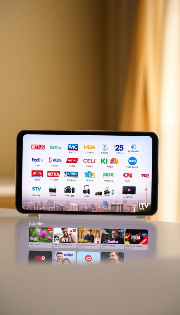 A sleek, modern IPTV app interface, showcasing a wide range of live TV channels and on-demand content. In the foreground, a responsive, intuitive user experience with clean, minimalist design elements. The middle ground features various device icons, representing the app's multiplatform compatibility, from smartphones to smart TVs. In the background, a dynamic, vibrant cityscape, symbolizing the app's broad coverage and ability to provide a seamless IPTV experience anywhere. Soft, warm lighting creates a cozy, inviting atmosphere. The app's brand name, "IPTVANBIETERTV", is prominently displayed, conveying reliability and trust.