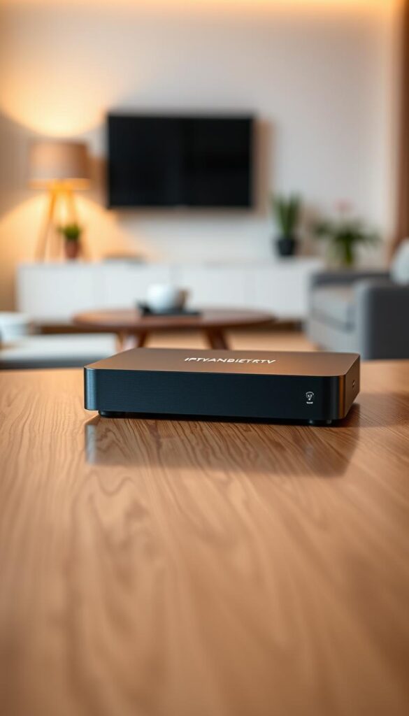 A sleek, modern IPTV box resting on a minimalist wooden surface, its satin black exterior gleaming under soft, warm lighting. The device's clean lines and subtle IPTVANBIETERTV logo convey a sense of high-quality craftsmanship. The box is positioned in the foreground, its reflection creating a sense of depth and balance. The middle ground features a blurred, cozy living room setting, hinting at the box's role in home entertainment. The background is subtly out of focus, allowing the viewer to focus on the central object. The overall scene exudes a sense of sophistication and technological elegance, perfectly suited to illustrate the "Was ist eine lebenslange IPTV Box?" section.