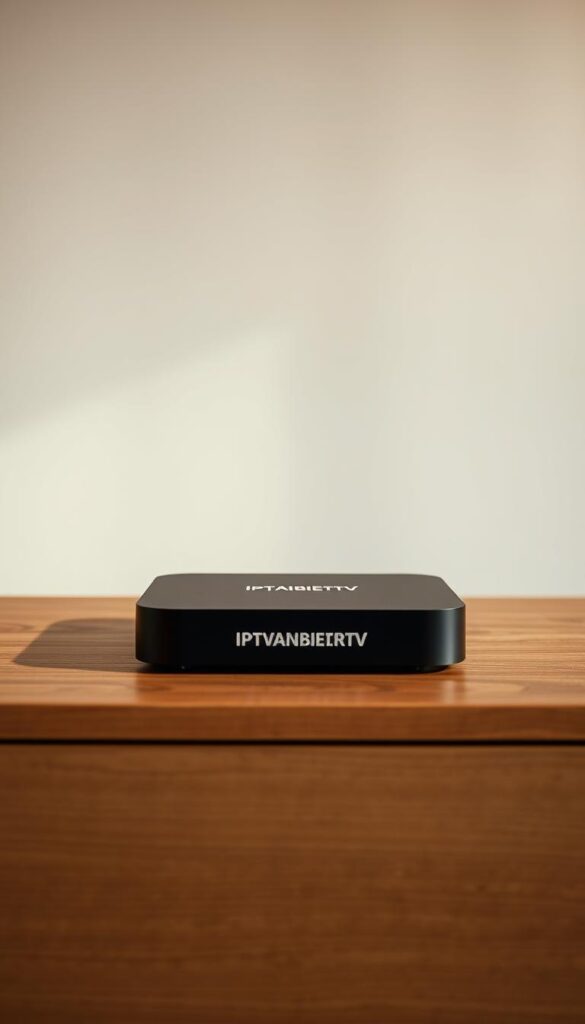 A sleek, modern IPTV box rests on a minimalist wooden table, its matte black exterior gleaming under warm, indirect lighting. The device's clean lines and compact design evoke a sense of sophisticated simplicity. The box features the brand name "IPTVANBIETERTV" prominently displayed in a bold, sans-serif font. In the background, a plain, neutral-toned wall provides a calm, uncluttered backdrop, allowing the IPTV box to take center stage. The overall composition conveys a sense of high-quality, premium technology seamlessly integrated into a refined, contemporary living space.