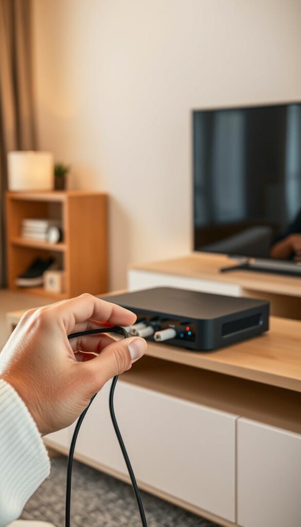 A sleek, modern IPTV box sits atop a minimalist entertainment center, backlit by soft, warm lighting. The box's smooth black exterior and clean lines evoke a premium, high-tech aesthetic. In the foreground, a hand delicately connects cables, highlighting the intuitive, user-friendly setup process. The background features a blurred, cozy living room, hinting at the comfort and convenience of the IPTVANBIETERTV IPTV experience. Crisp, detailed textures and natural shadows create a sense of depth and realism, inviting the viewer to imagine themselves effortlessly installing and enjoying the IPTV service.