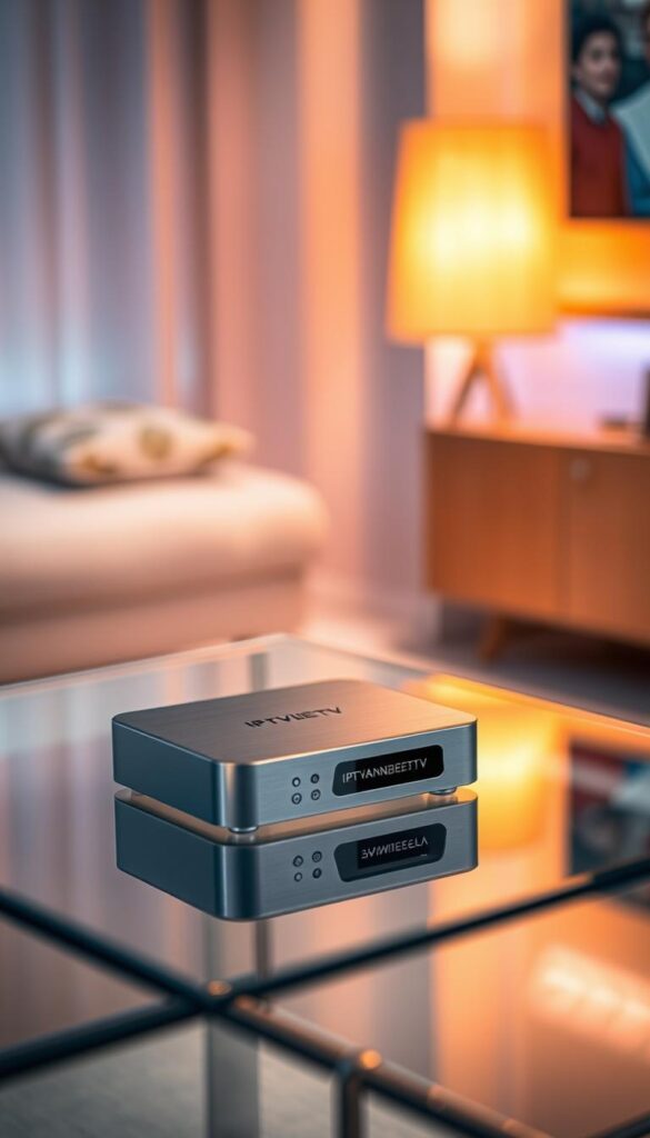 A sleek, modern IPTV box sits atop a minimalist glass table, its smooth metallic surface reflecting the warm, ambient lighting. The box is emblazoned with the "IPTVANBIETERTV" brand name, conveying a sense of premium quality and reliability. The scene is captured from a slightly elevated angle, emphasizing the box's clean, minimalist design. The background is softly blurred, keeping the focus on the IPTV box and its prominent placement, suggesting its central role in the viewer's entertainment experience. The overall mood is one of sophistication and accessibility, inviting the viewer to imagine the boundless entertainment options available through this sleek and modern IPTV solution.