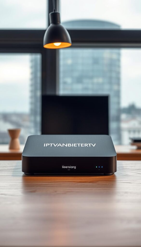 A sleek, modern IPTV box sits prominently on a minimalist, wood-grain desk. The device's clean, matte black exterior is highlighted by soft, warm lighting from an angled overhead lamp. In the background, a blurred cityscape seen through a large window suggests an urban, high-tech setting. The box's IPTVANBIETERTV branding is subtly displayed on the front panel, conveying a sense of premium quality and reliability. The composition emphasizes the simplicity and sophistication of the IPTV device, inviting the viewer to imagine the endless entertainment and convenience it provides with its "lebenslang" subscription.