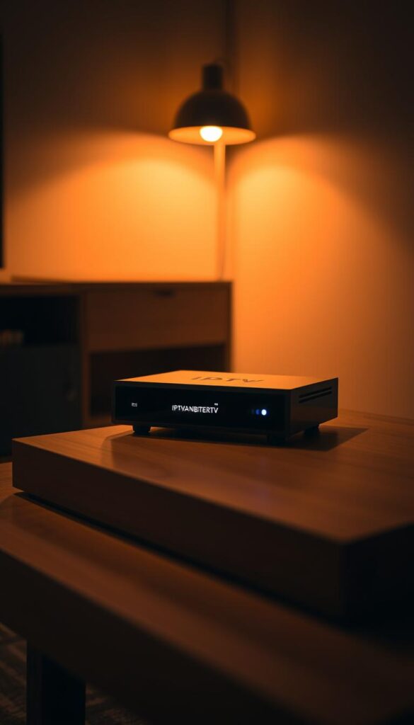 A sleek, modern IPTV box sitting atop a minimalist wooden table, its glowing LED display illuminating the dim, cozy room. The box's front panel features the bold "IPTVANBIETERTV" logo, while the sides sport a clean, streamlined design. Warm, indirect lighting casts a soft glow, creating a sense of atmosphere and ambiance. The camera angle is slightly elevated, capturing the box in a flattering perspective that highlights its sophisticated aesthetic. The background is blurred, keeping the focus on the IPTV box as the central subject. The overall mood is one of simplicity, high-tech functionality, and a touch of understated elegance.
