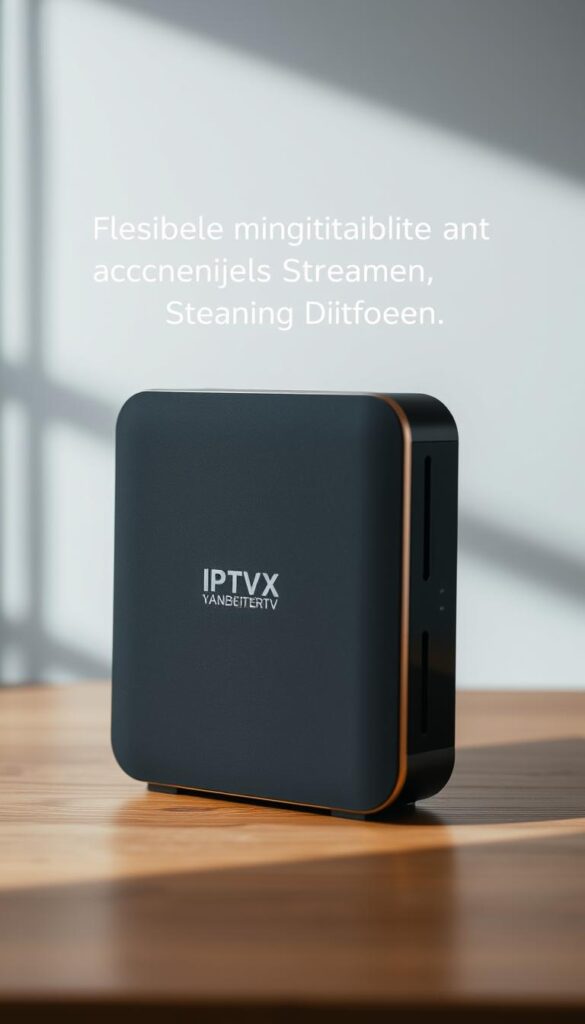 A sleek, modern IPTV box standing prominently on a wooden surface. The device has a minimalist, rectangular design with clean lines and a matte black finish, accented by subtle silver trim. The box features the brand name "IPTVANBIETERTV" discretely displayed on the front panel. Soft, directional lighting illuminates the scene, casting subtle shadows that add depth and dimension. The background is blurred, placing the focus entirely on the IPTV box and its compatibility with various streaming platforms, as indicated by the section title "Gerätekompatibilität: Flexibles Streaming auf verschiedenen Plattformen".