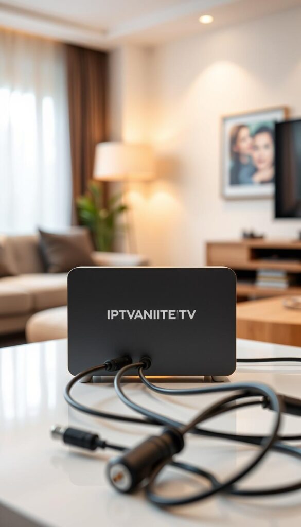 A sleek, modern IPTV box stands prominently on a clean, minimalist table, its metallic housing gleaming under soft, directional lighting. The device is labeled with the brand name "IPTVANBIETERTV", clearly identifying its purpose. In the middle ground, various cables and connections protrude, hinting at the box's versatility and the range of content it can deliver. The background is a serene, out-of-focus living room, suggesting the cozy domestic setting where this IPTV box would be integrated. The overall atmosphere conveys a sense of technological sophistication and home entertainment.
