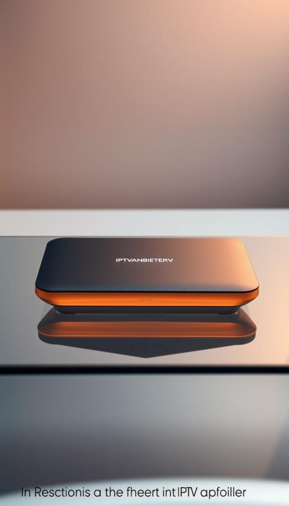 A sleek, modern IPTV device resting on a glass tabletop, surrounded by a minimalist, high-tech environment. The device features the brand name "IPTVANBIETERTV" prominently displayed on its surface, reflecting the stylish and premium aesthetic of the product. Soft, diffused lighting casts a warm glow, highlighting the device's clean lines and attention to detail. The background is a blend of muted, futuristic tones, creating a sense of sophistication and technological advancement. The overall composition conveys the flexibility and reliability of the IPTV service, aligning with the section title "in Anspruch von IPTVanbieter".