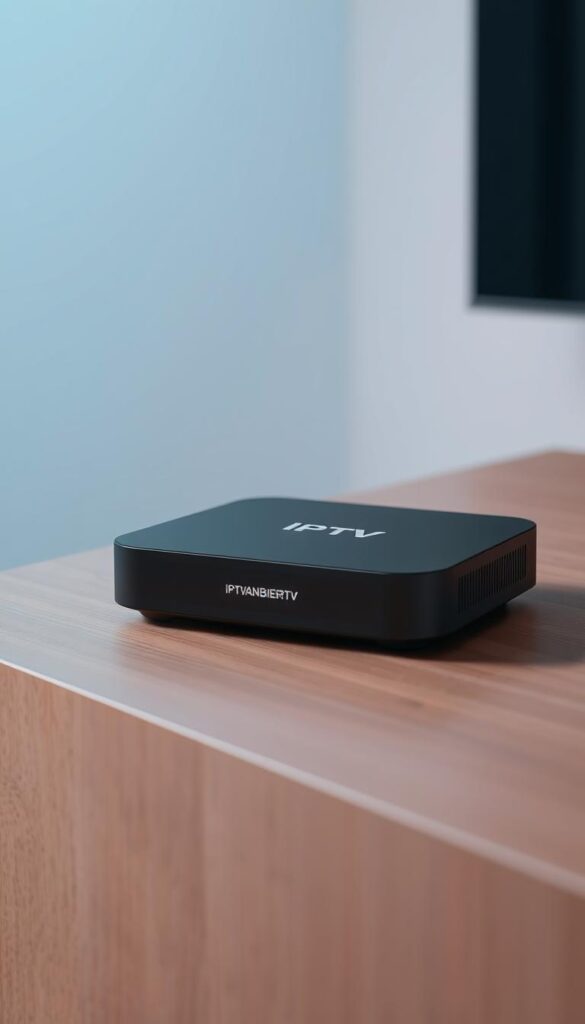A sleek, modern IPTV device rests on a minimalist, wooden surface, its clean lines and matte finish conveying a sense of sophisticated technology. The device is prominently displayed, with a sharp focus and balanced lighting that accentuates its premium design. In the background, a subtle gradient of cool hues creates a calming, almost futuristic atmosphere, drawing the viewer's attention to the IPTV device and its capabilities. The brand "IPTVANBIETERTV" is clearly visible, reflecting the high-quality and reliable nature of the product.