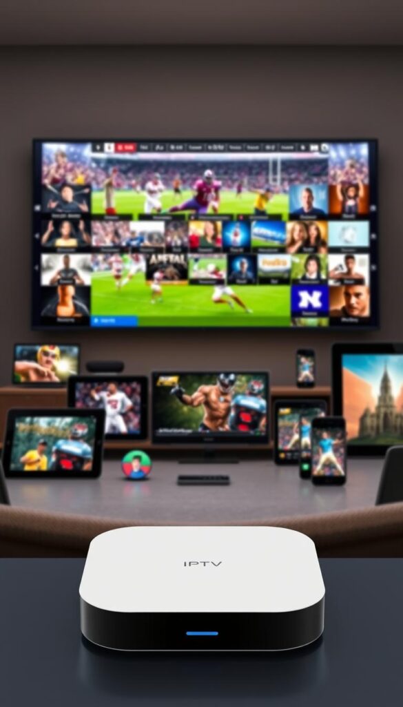 A sleek, modern IPTV device stands prominently in the foreground, its minimalist design and intuitive interface conveying a sense of sophisticated technology. The mid-ground showcases a diverse array of compatible devices - smart TVs, tablets, and smartphones - seamlessly integrated with the IPTVANBIETERTV service, highlighting its comprehensive device support. In the background, a vibrant, high-definition streaming display showcases the diverse content available, from live sports events to on-demand movies and TV shows. The overall composition evokes a sense of seamless connectivity, user-friendliness, and the vast entertainment possibilities offered by the IPTVANBIETERTV platform.