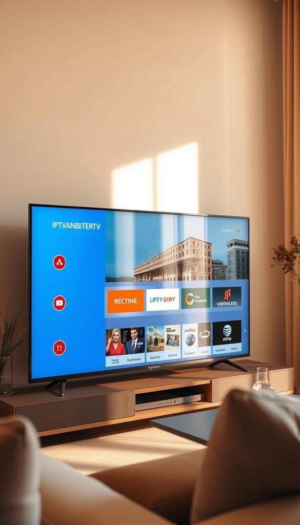 A sleek, modern IPTV interface, showcasing the IPTVANBIETERTV brand, displayed on a high-resolution LED smart TV screen. The interface features a clean, minimalist design with intuitive navigation menus, a diverse channel selection, and crisp, vibrant visuals. The scene is lit by warm, natural lighting, creating a cozy, inviting atmosphere. The TV is positioned in a contemporary living room setting, with neutral-toned furnishings and subtle decor elements that complement the IPTV display. The overall impression conveys the seamless integration of IPTV technology into the German home entertainment experience.