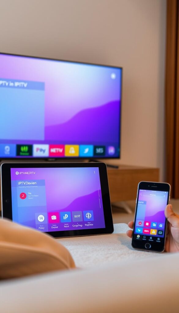 A sleek, modern IPTV panel effortlessly displayed across a range of devices - a smart TV, a tablet, and a smartphone. The panel showcases a clean, intuitive interface with vibrant colors and crisp iconography. The lighting is soft and natural, creating a cozy, inviting atmosphere. The devices are positioned at different angles, suggesting the seamless multi-device experience. The brand name "IPTVANBIETERTV" is prominently featured, conveying a sense of reliability and professionalism. The overall scene evokes a feeling of boundless entertainment and convenience, perfectly aligning with the article's subject and section title.