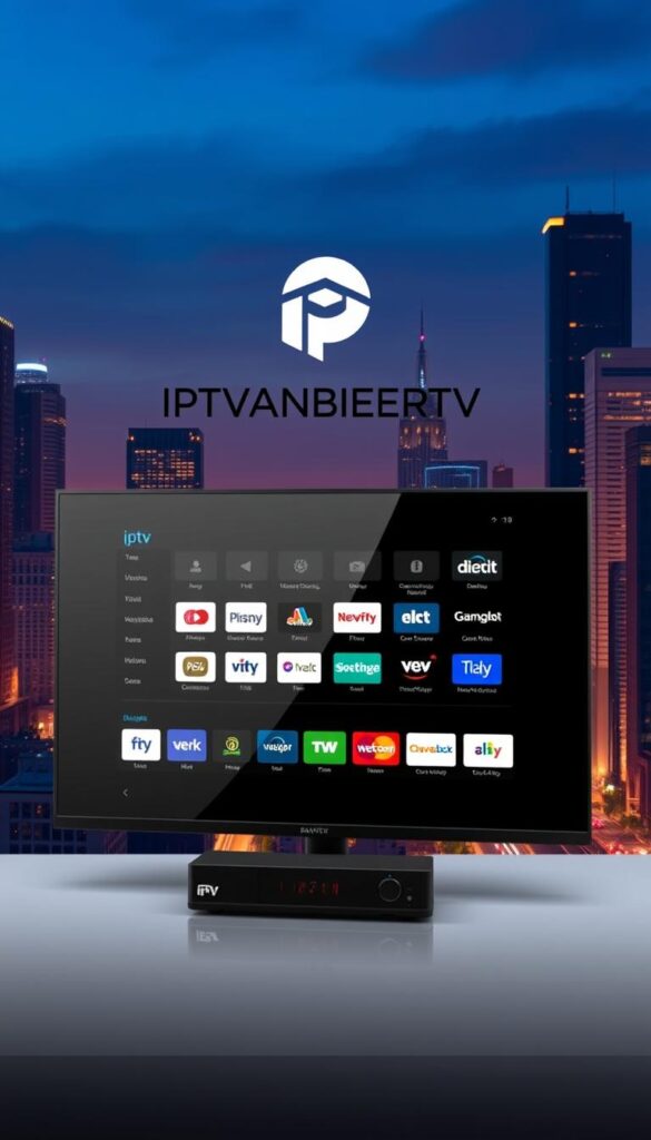 A sleek, modern IPTV panel provider interface showcasing the IPTVANBIETERTV brand. The panel is presented in a minimalist, high-contrast design with clean lines and a subdued color palette of grays and blues. The interface features intuitive navigation controls, a grid of channel logos, and a prominent IPTVANBIETERTV logo. The background depicts a cityscape at night, with skyscrapers and streets illuminated by warm, atmospheric lighting to convey a sense of urban sophistication. The overall composition is balanced and visually striking, highlighting the professionalism and reliability of the IPTVANBIETERTV service.