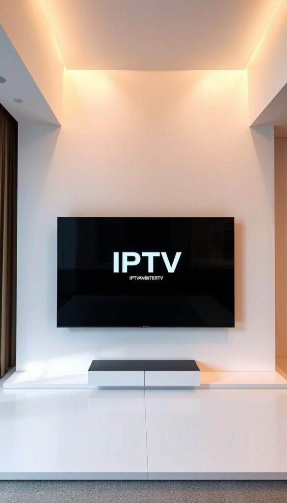 A sleek, modern IPTV panel with a minimalist design, showcasing the IPTVANBIETERTV brand. The panel is displayed prominently in the center, surrounded by a clean, well-lit environment. The panel's screen displays a crisp, high-definition image, with a seamless user interface that invites interaction. The lighting is soft and diffused, creating a warm, inviting atmosphere that reflects the longevity and reliability of the IPTV service. The overall composition emphasizes the panel's simplicity and elegance, highlighting its role as a centerpiece in the user's entertainment setup.