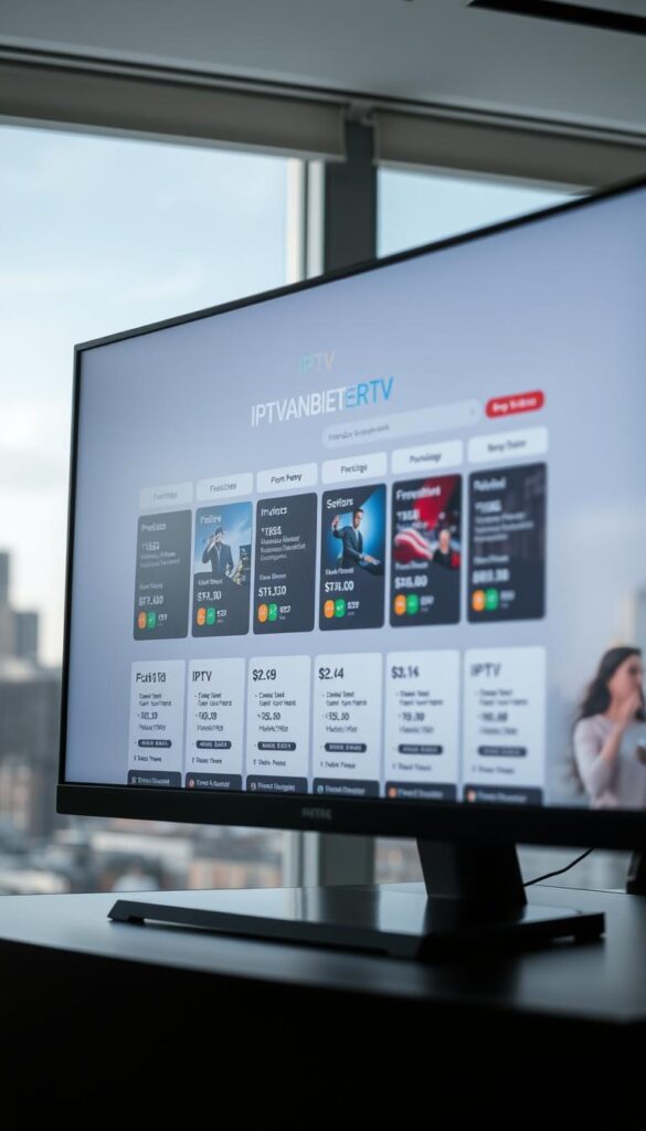 A sleek, modern IPTV price comparison website displayed on a high-resolution monitor. The website's interface features a clean, minimalist design with a prominent "IPTVANBIETERTV" logo. The foreground showcases various IPTV package options with their respective prices, highlighted in a clear and organized manner. The middle ground depicts a user navigating the website, exploring the different plans and features. The background sets the scene with a softly blurred cityscape, conveying a sense of urban sophistication. The lighting is bright and diffused, creating a professional and inviting atmosphere. The overall composition emphasizes the website's user-friendly design and the attractive pricing of the IPTV offerings.
