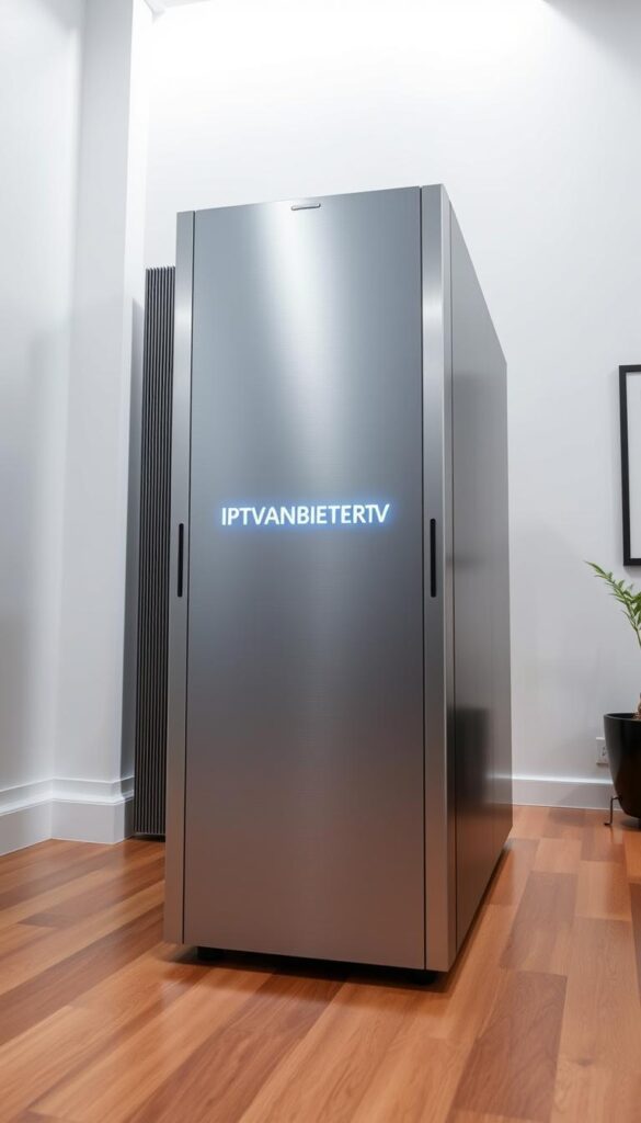 A sleek, modern IPTV server rack, its brushed steel exterior gleaming under the soft, indirect lighting. The front panel displays the brand name "IPTVANBIETERTV" in a bold, minimalist font. The server is situated in a clean, minimalist office space, with white walls and hardwood floors creating a professional, high-tech atmosphere. The server is the focal point, surrounded by a few subtle, complementary elements like a potted plant or a framed artwork. The overall mood is one of efficiency, reliability, and a sense of permanence, conveying the idea of a long-lasting, lifetime IPTV solution.