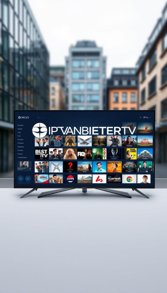 A sleek, modern IPTV service interface featuring the IPTVANBIETERTV brand, showcasing a comprehensive German-language IPTV m3u streaming catalog. The interface has a clean, minimalist design with intuitive navigation, crisp graphics, and a sophisticated color palette of blues and grays. The foreground displays a prominent IPTVANBIETERTV logo, while the middle ground features a grid of thumbnail images representing a diverse range of German-language IPTV content. The background depicts a blurred cityscape of modern German architecture, conveying a sense of urban sophistication. The overall mood is one of efficiency, reliability, and a premium IPTV experience tailored for the German market.