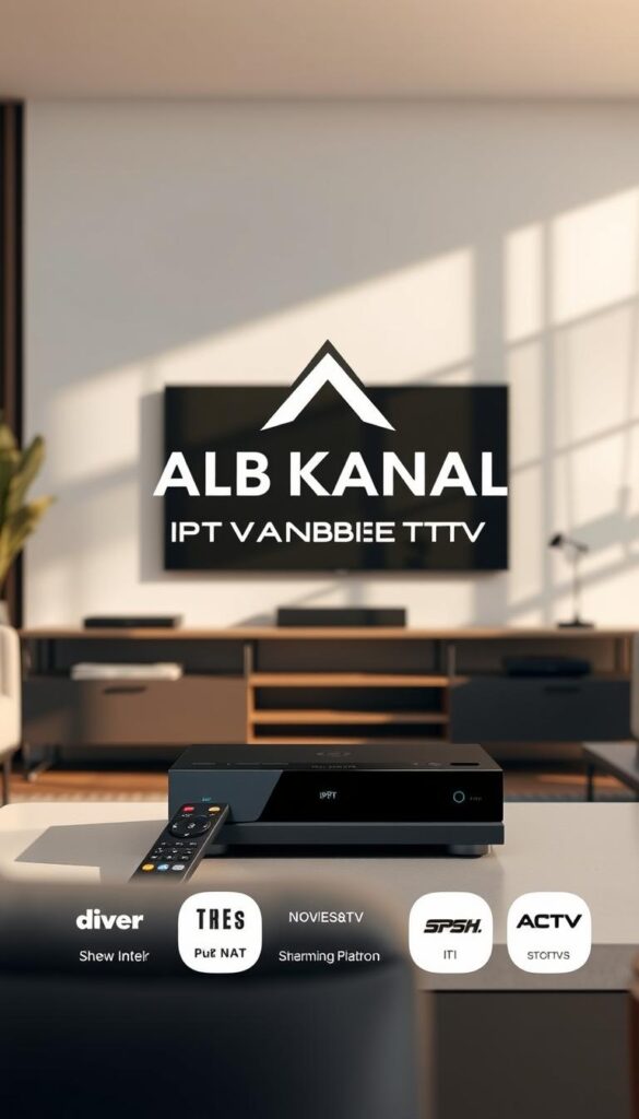 A sleek, modern IPTV service named Alb Kanal, presented against a backdrop of a contemporary living room. Soft natural lighting illuminates the scene, casting warm hues on the minimalist decor. The IPTVANBIETERTV brand logo is prominently displayed, conveying the exclusivity of this offering. The IPTV device, remote, and various streaming platforms are meticulously arranged, showcasing the seamless integration of technology and entertainment. The overall atmosphere exudes a sense of sophistication and comfort, inviting the viewer to envision the premium IPTV experience.