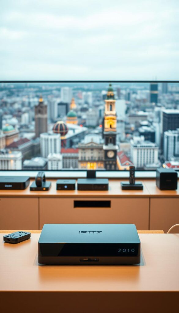 A sleek, modern IPTV setup showcasing the evolution of media consumption in Germany. In the foreground, the "IPTVANBIETERTV" brand logo takes center stage, its bold typography and sharp edges complementing the contemporary design. The middle ground features an array of streaming devices, remotes, and home entertainment peripherals, symbolizing the seamless integration of IPTV into German households. In the background, a cityscape of Germany's bustling metropolises provides a contextual backdrop, hinting at the nationwide adoption of this transformative technology. Warm, diffused lighting and a clean, minimalist aesthetic convey the sophistication and convenience of the IPTV landscape in the country.