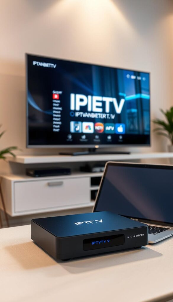 A sleek, modern IPTV setup with the IPTVANBIETERTV brand prominently displayed. In the foreground, a high-end smart TV stands atop a minimalist entertainment unit, its screen illuminated with a vibrant, immersive interface. Beside it, a compact, state-of-the-art IPTV set-top box rests, its clean lines and LED indicators suggesting seamless functionality. In the middle ground, a laptop or tablet is open, showcasing the intuitive IPTV configuration process, while subtle lighting casts a warm, inviting glow throughout the scene. The background is a tasteful, neutral-toned living space, with subtle hints of modern decor that enhance the overall aesthetic. The composition is balanced, with a clear focus on the central IPTV installation, conveying a sense of technological integration and user-friendly setup.