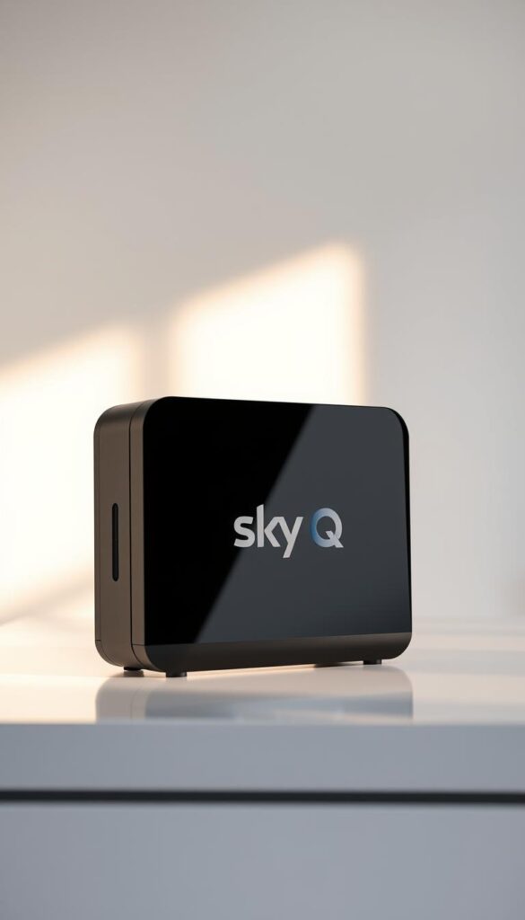 A sleek, modern IPTVANBIETERTV Sky Q IPTV Box standing prominently on a minimalist white surface, casting a soft shadow. The box's clean, rectangular design and glossy black finish exude a premium, high-tech aesthetic. Ambient lighting from an unseen source bathes the scene in a warm, natural glow, highlighting the device's smooth contours and subtle details. The background is a serene, out-of-focus expanse of soft, diffused light, creating a sense of depth and focus on the central subject. The overall composition conveys a sophisticated, user-friendly experience for enjoying entertainment across multiple devices.