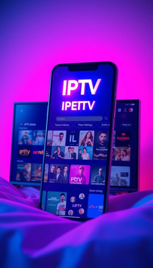 A sleek, modern IPTVANBIETERTV app interface, glowing with a vibrant, neon-tinged color palette. The app's logo is prominently displayed, with a tagline "IPTV App lebenslang" conveying a sense of permanence and reliability. The interface showcases a diverse array of content, from live TV channels to on-demand movies and series, all easily accessible through a clean, intuitive design. Soft, diffused lighting bathes the scene, creating a warm, inviting atmosphere. The composition emphasizes the app's seamless integration with the user's digital life, suggesting a boundless, immersive entertainment experience that will last a lifetime.