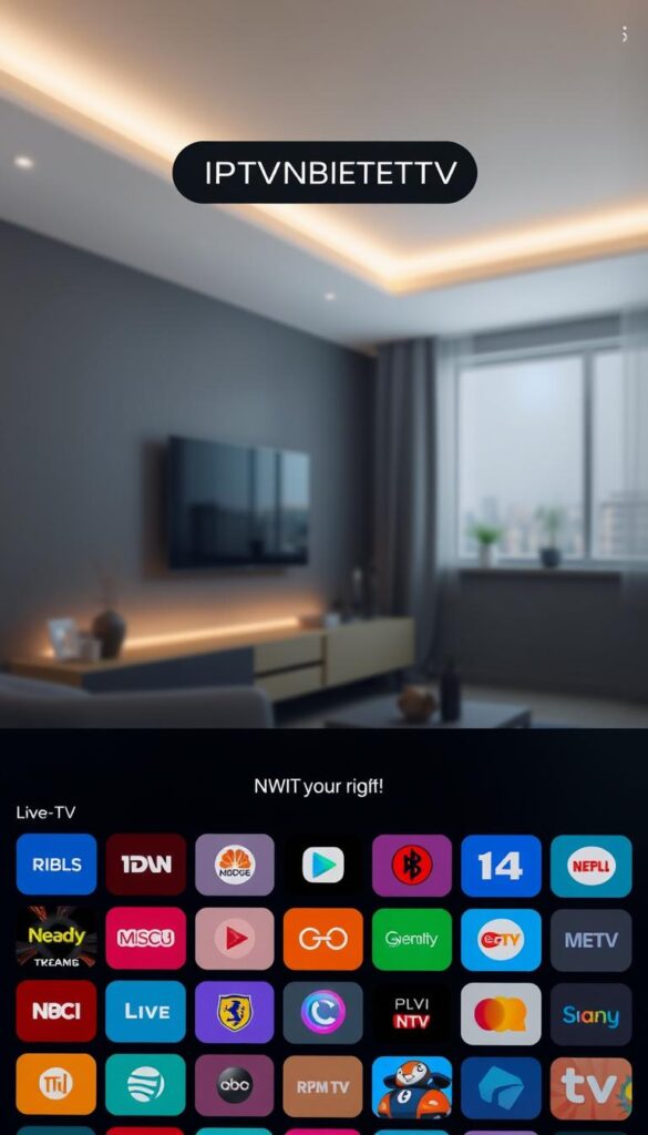 A sleek, modern IPTVANBIETERTV app interface with a clean, minimalist design. The main screen features a grid of colorful channel icons in the foreground, arranged neatly against a soft, gradient background. The middle ground showcases a simple, intuitive menu bar with options for live TV, on-demand content, and settings. The background subtly depicts a dimly lit living room, creating a cozy, immersive atmosphere. Lighting is soft and diffused, lending a warm, inviting tone. The overall composition is balanced, drawing the viewer's eye seamlessly through the various layers of the user interface.