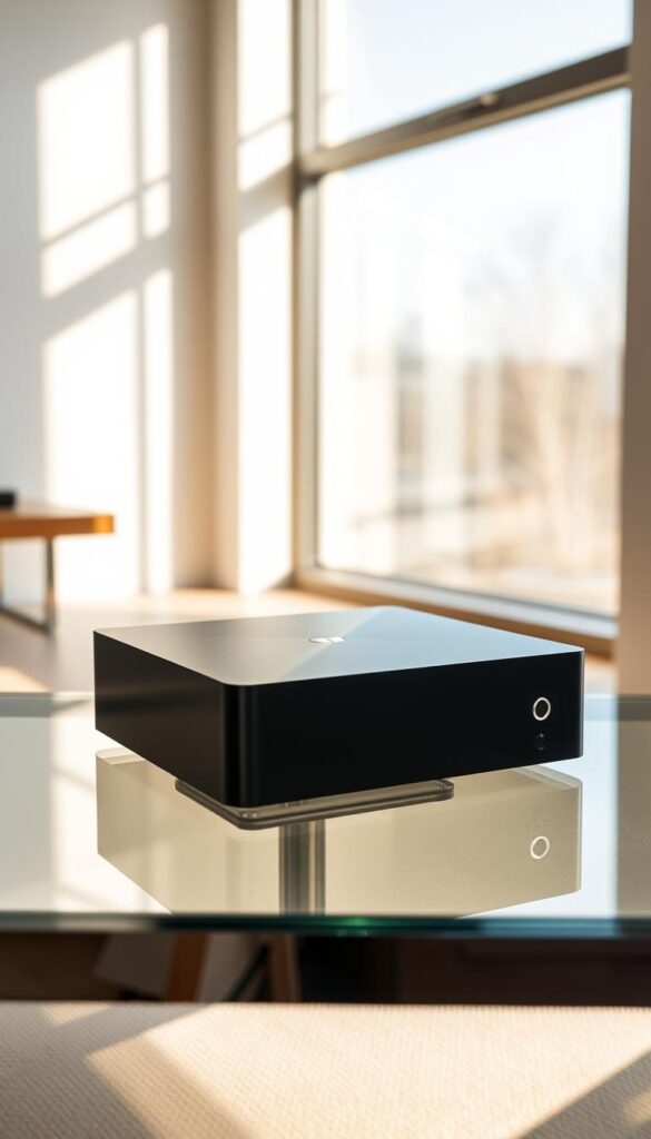A sleek, modern IPTVANBIETERTV box rests on a minimalist glass table, its clean lines and matte black finish reflecting the room's soft lighting. Sunlight streams through large windows, casting warm, natural shadows that add depth and dimension. The box sits atop a subtle, textured surface, hinting at the high-quality materials and craftsmanship. The scene evokes a sense of simplicity, efficiency, and the promise of endless entertainment at your fingertips - the perfect embodiment of "IPTV Box lebenslang" and all it represents.