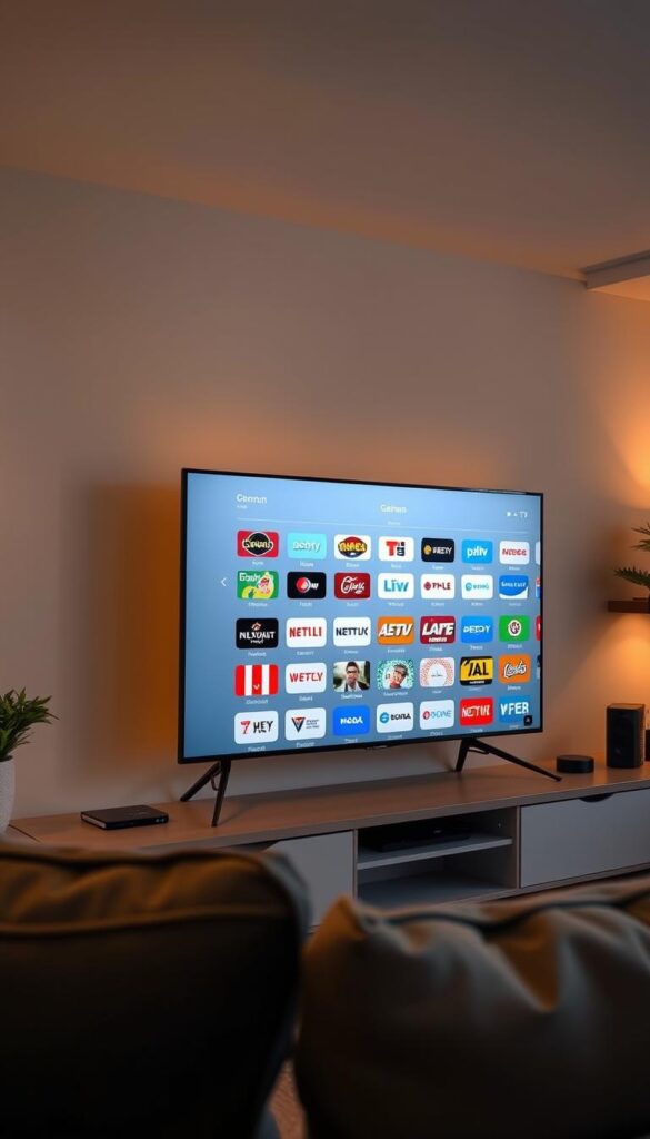 A sleek, modern IPTVANBIETERTV dashboard showcasing an array of German TV channels on a high-definition display. The interface features a clean, minimalist design with intuitive navigation controls. The background is a soft, muted gray, allowing the vibrant channel logos and program thumbnails to take center stage. Ambient lighting casts a warm glow, creating a cozy, inviting atmosphere. The camera angle is slightly elevated, providing a comprehensive view of the user-friendly setup. The overall scene conveys the ease and convenience of accessing a vast selection of German IPTV content from the comfort of one's own home.