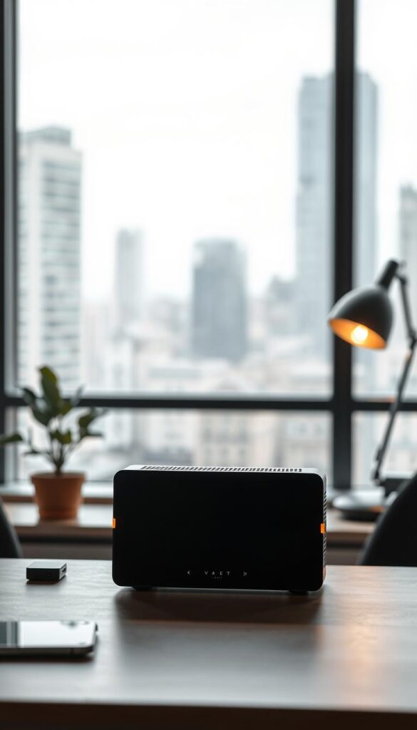 A sleek, modern IPTVANBIETERTV device prominently displayed on a minimalist desk, casting a soft, warm glow against a dimly lit office setting. The device's clean, rectangular design is accented by subtle metallic highlights, hinting at its high-quality construction. In the background, a large window offers a view of a bustling cityscape, creating a sense of urban sophistication. Carefully placed office accessories, such as a potted plant and a stylish desk lamp, add to the professional yet inviting atmosphere. The lighting is soft and diffused, creating a cozy, productive ambiance, perfect for showcasing the versatility and business-oriented features of the IPTVANBIETERTV solution.