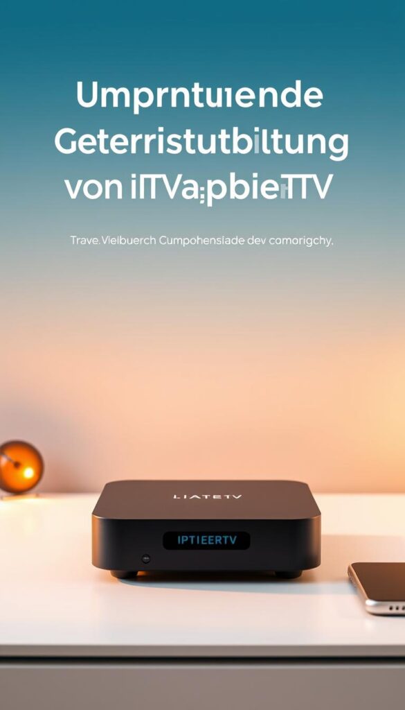 A sleek, modern IPTVANBIETERTV device prominently displayed, showcasing its comprehensive device compatibility. The device is situated on a clean, minimalist desk, with a subtle gradient background providing depth and visual interest. Warm, diffused lighting illuminates the scene, creating a welcoming and professional atmosphere. The device's design features clean lines, a matte finish, and intuitive button layout, emphasizing its user-friendly nature. The image conveys a sense of technological sophistication and reliable IPTV service, suitable for illustrating the "Umfassende Geräteunterstützung von IPTVanbieterTV" section of the article.