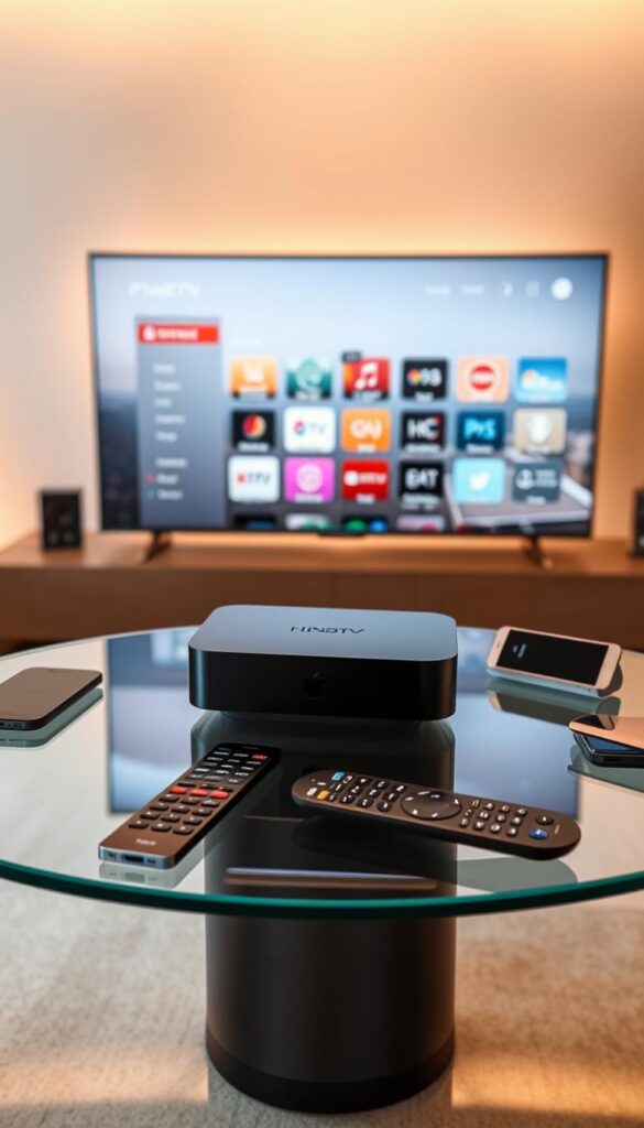 A sleek, modern IPTVANBIETERTV device resting on a minimalist glass table, surrounded by various compatible devices like smartphones, tablets, and remote controls. The device's interface is displayed on a large, high-resolution screen, showcasing its intuitive and user-friendly design. Warm, directional lighting from above highlights the clean lines and premium materials of the IPTVANBIETERTV hardware, creating a sense of sophistication and technological prowess. The background features a subtle, blurred cityscape, conveying the device's connectivity and integration with the digital world. The overall scene exudes a sense of efficiency, versatility, and the seamless convergence of traditional television and modern streaming technology.
