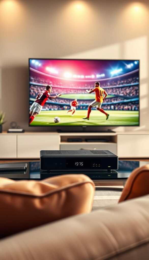 A sleek, modern IPTVANBIETERTV device sitting atop a contemporary living room setup, displaying a vibrant and immersive soccer match from the 2026 World Cup. The image should showcase the device's streamlined design and high-quality video output, drawing the viewer's attention to the attractive pricing and comprehensive package options tailored for every football fan's needs. The lighting should be warm and inviting, with soft shadows highlighting the device's clean lines and creating a cozy, living room atmosphere. The overall composition should strike a balance between showcasing the IPTVANBIETERTV device and the engaging soccer match it presents, capturing the essence of an affordable, premium IPTV experience for the 2026 World Cup.