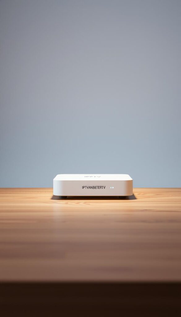 A sleek, modern IPTVANBIETERTV device sitting atop a minimalist wooden table, casting a soft, ambient glow. The device's clean, rectangular form is highlighted by directional lighting, emphasizing its technical precision. The background fades into a neutral, gradient-tinted backdrop, creating a sense of focus on the IPTV sender's functionality. The scene conveys a professional, yet approachable atmosphere, suitable for illustrating the technical workings of IPTV in a consumer-friendly context.