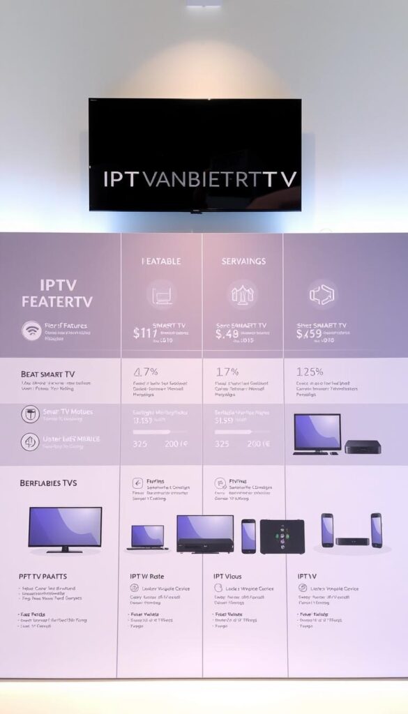 A sleek, modern IPTVANBIETERTV display showcasing a side-by-side comparison of various IPTV service providers. The foreground features elegant icons and infographics highlighting key features, pricing, and service ratings. The middle ground depicts stylized device mockups, including smart TVs, set-top boxes, and mobile devices, demonstrating the versatility of the IPTV offerings. The background has a clean, minimalist design with a subtle gradient, creating a professional and informative atmosphere. The lighting is soft and balanced, with a slight hint of directional lighting to accentuate the display elements. The camera angle is slightly elevated, providing a comprehensive overview of the IPTV Anbieter Vergleich.