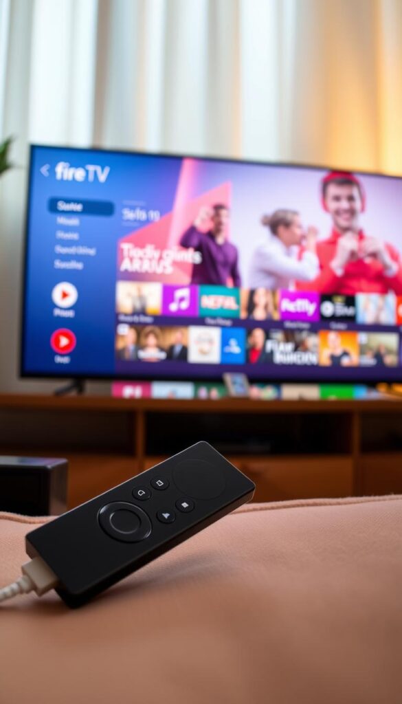 A sleek, modern IPTVANBIETERTV interface displayed on a Fire TV Stick, showcasing its intuitive multi-device support. The screen features a clean, minimalist design with vibrant colors and crisp, high-definition visuals. The layout seamlessly integrates various content categories, making navigation effortless. The scene is bathed in warm, diffused lighting, creating a cozy and inviting atmosphere. The Fire TV Stick is positioned prominently, emphasizing its central role in delivering the IPTVANBIETERTV experience. The overall composition conveys a sense of flexibility, accessibility, and the seamless integration of IPTV technology into the home entertainment setup.