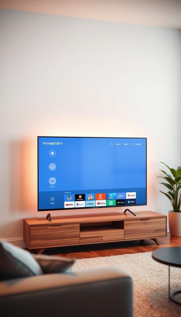 A sleek, modern IPTVANBIETERTV interface displayed on a flat-screen television, showcasing a clean, minimalist design with a focus on high-quality video and intuitive navigation. The screen is bathed in a warm, soft lighting, creating a cozy and inviting atmosphere. The television is positioned in a minimalist living room setting, with a subtle backdrop of natural wood and neutral-toned furnishings, emphasizing the seamless integration of technology into a comfortable, sophisticated home environment.