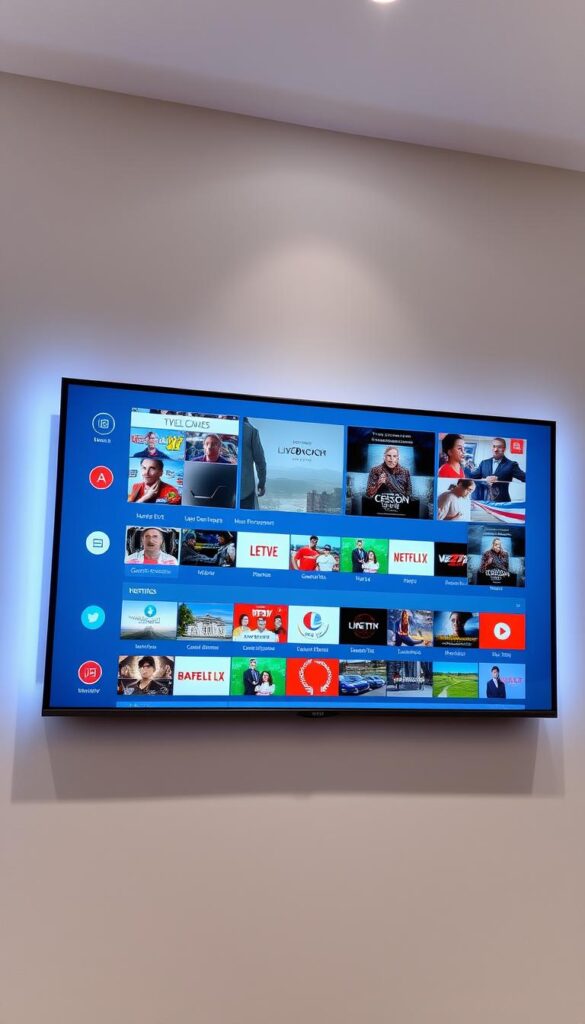 A sleek, modern IPTVANBIETERTV interface displayed on a high-resolution display, showcasing a diverse selection of live TV channels and on-demand content. The layout is clean and intuitive, with clear categorization and intuitive navigation. The color scheme is a sophisticated blend of blues and grays, conveying a sense of professionalism and reliability. Subtle lighting from above casts a gentle glow, highlighting the screen's crisp visuals. The frame is made of premium materials, exuding a premium, high-quality feel. The overall atmosphere is one of a reliable, user-friendly IPTV service, designed to provide a seamless viewing experience for the modern German viewer.